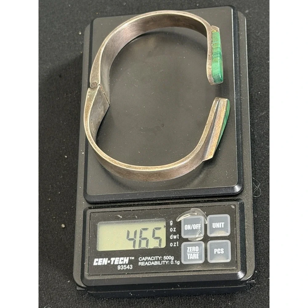 Vtg 46g Taxco Mexico 925 Silver Malachite Clamp Cuff Bracelet TJ-07 REPAIR AS-IS
